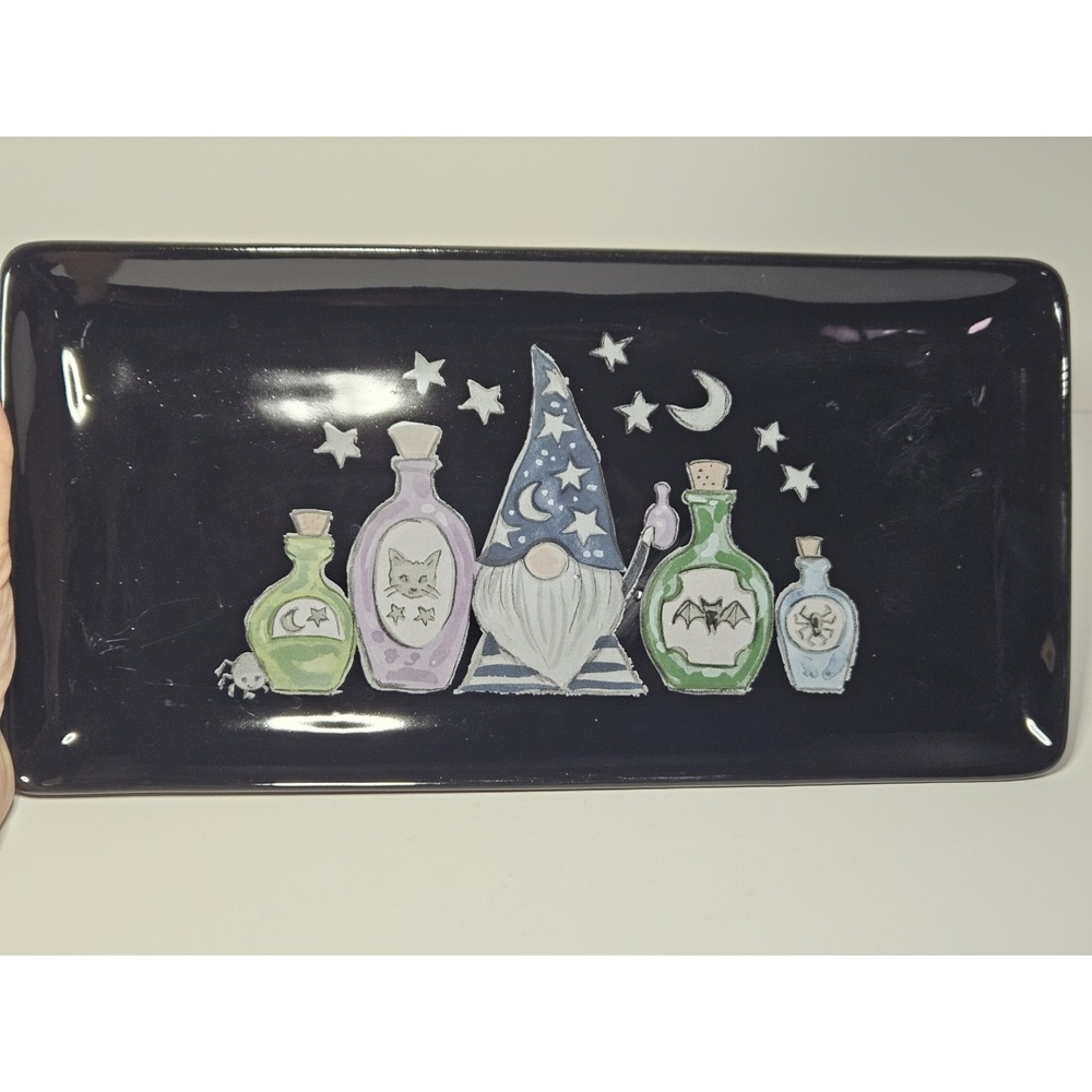 Cobwebs & Cauldrons Halloween Ceramic Platter Wizard Gnome Potion Tray‎ Black